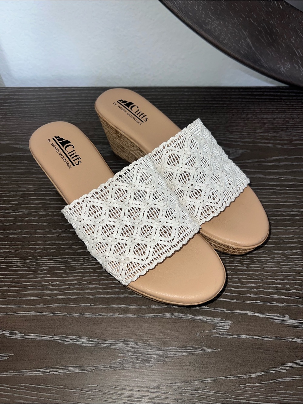 Cliffs by WHITE MOUNTAIN White Crochet Slide Wedge Sandals